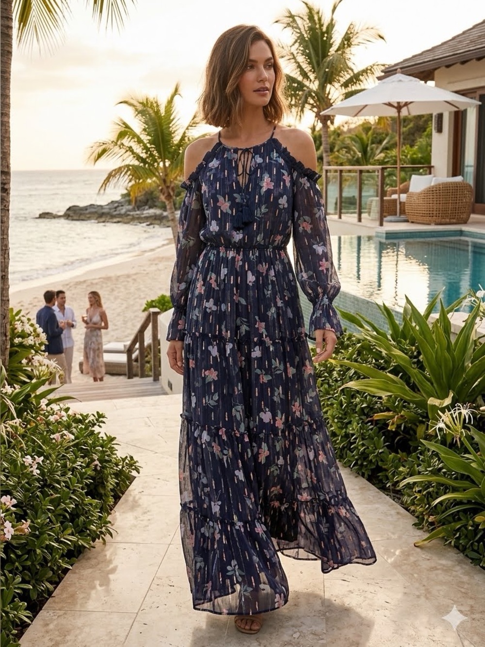 Tryb Cold-Shoulder lurex floral print Maxi…